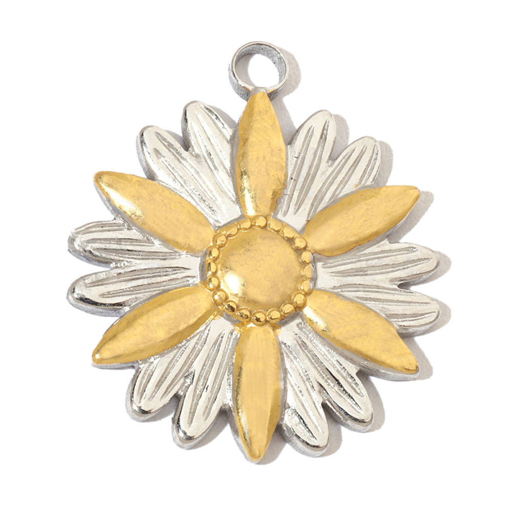 6pcs/pack French Daisy Rose Stone Stainless Steel Diy Charms Women Leaf Necklace Pendant Two Tone Flower Jewelry