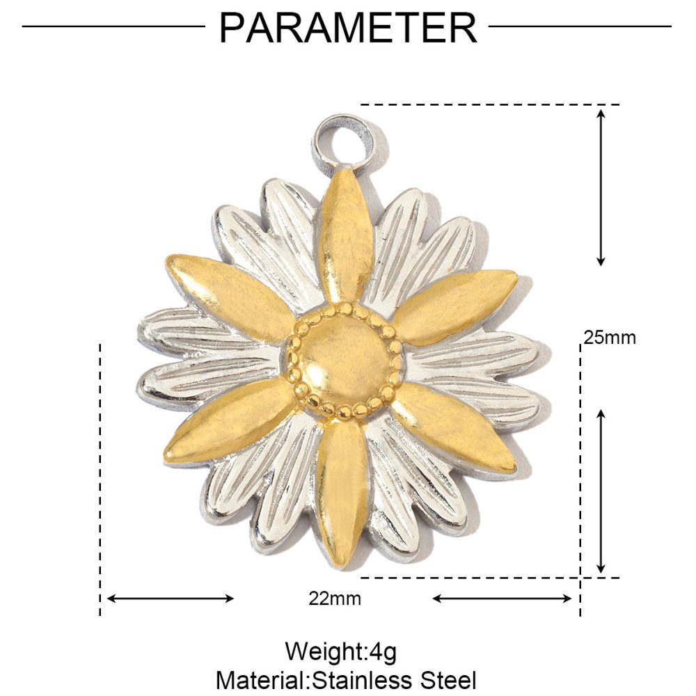 6pcs/pack French Daisy Rose Stone Stainless Steel Diy Charms Women Leaf Necklace Pendant Two Tone Flower Jewelry