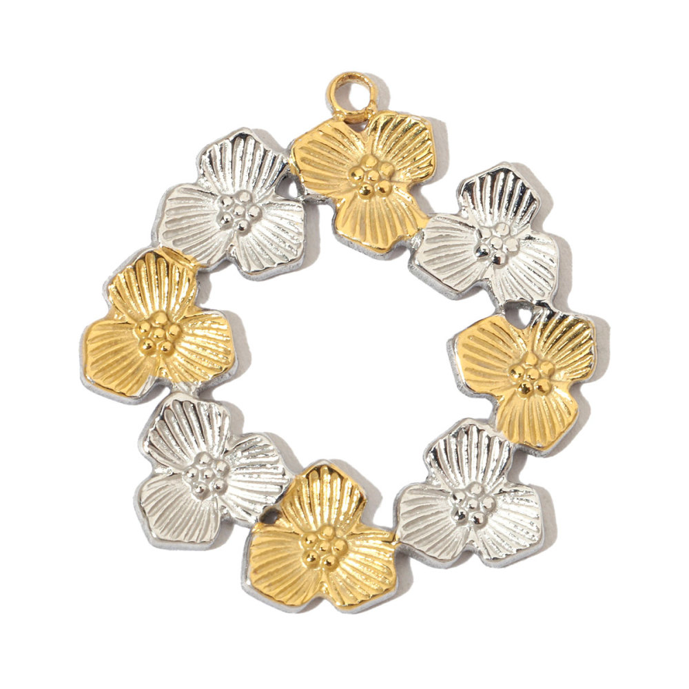 6pcs/pack French Daisy Rose Stone Stainless Steel Diy Charms Women Leaf Necklace Pendant Two Tone Flower Jewelry