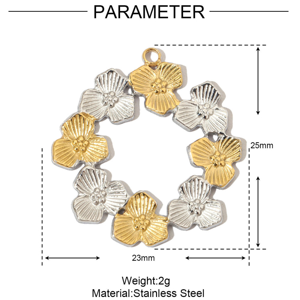 6pcs/pack French Daisy Rose Stone Stainless Steel Diy Charms Women Leaf Necklace Pendant Two Tone Flower Jewelry