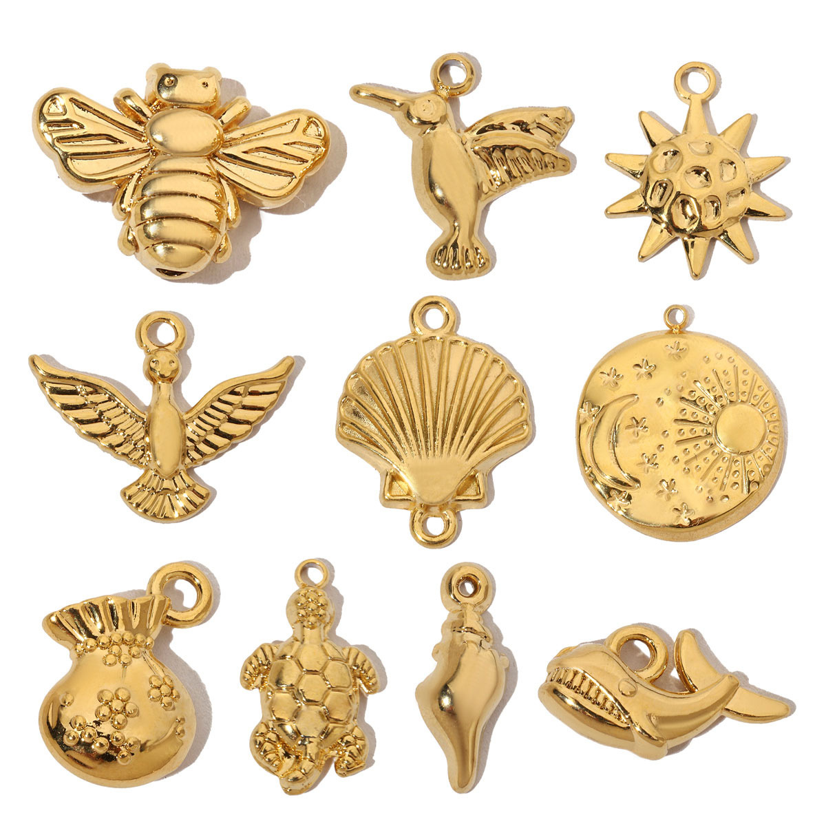 6pcs/pack French Shell Shark Stainless Steel Diy Charms Women Bee Hummingbird Necklace Pendant Sun Bracelets Jewelry