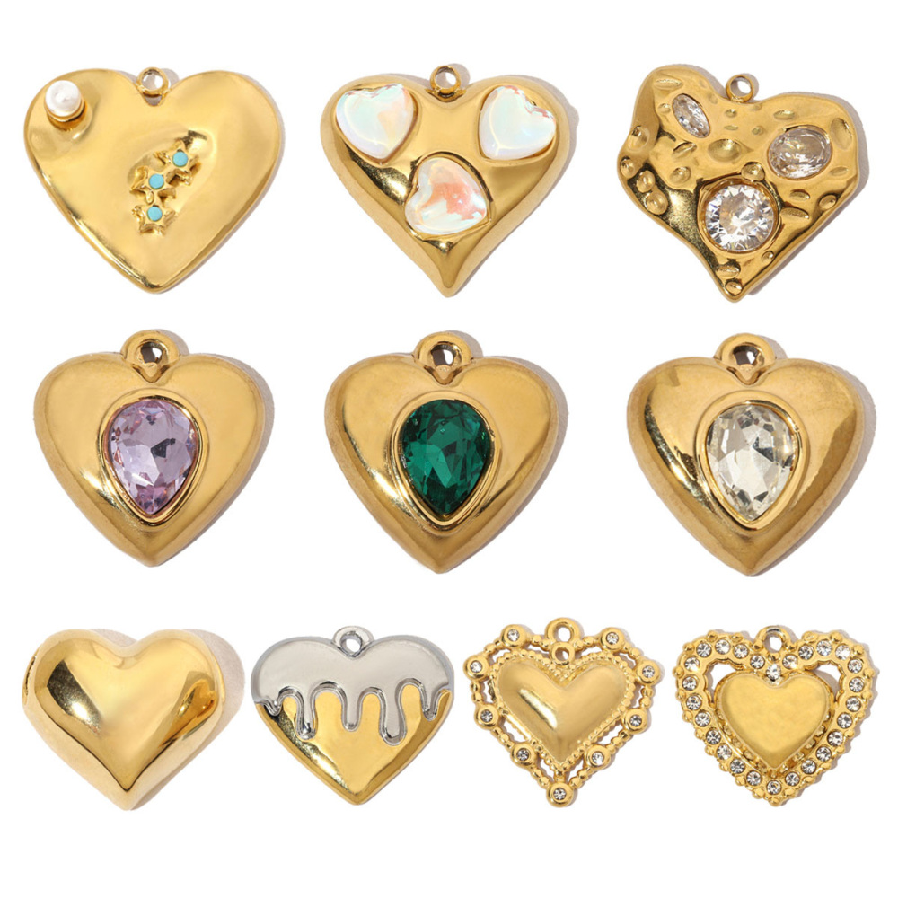 6pcs/pack French Cubic Zircon Irregular Heart Stainless Steel Diy Charms Women Color Stone Love Necklace Pendant Jewelry