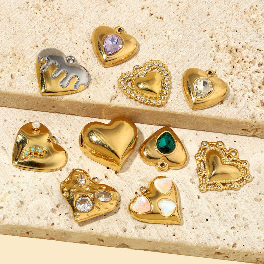 6pcs/pack French Cubic Zircon Irregular Heart Stainless Steel Diy Charms Women Color Stone Love Necklace Pendant Jewelry