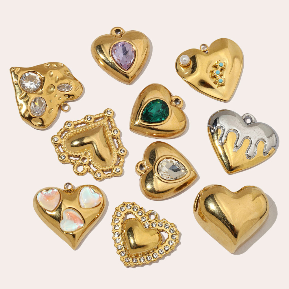 6pcs/pack French Cubic Zircon Irregular Heart Stainless Steel Diy Charms Women Color Stone Love Necklace Pendant Jewelry