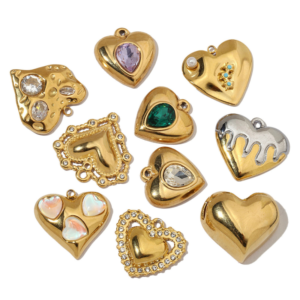 6pcs/pack French Cubic Zircon Irregular Heart Stainless Steel Diy Charms Women Color Stone Love Necklace Pendant Jewelry