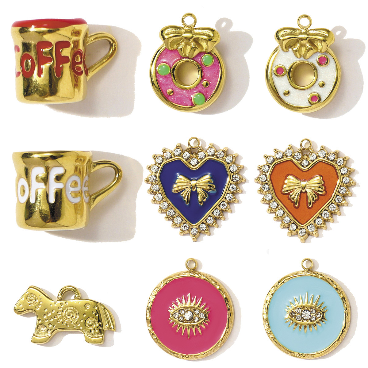 6pcs/pack Cute Stainless Steel Coffe Cup Doughnut Necklace Pendants Enamel Dog Bow Knot DIY Charms Women Love Heart Jewelry