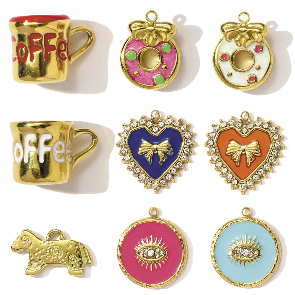 6pcs/pack Cute Stainless Steel Coffe Cup Doughnut Necklace Pendants Enamel Dog Bow Knot DIY Charms Women Love Heart Jewelry