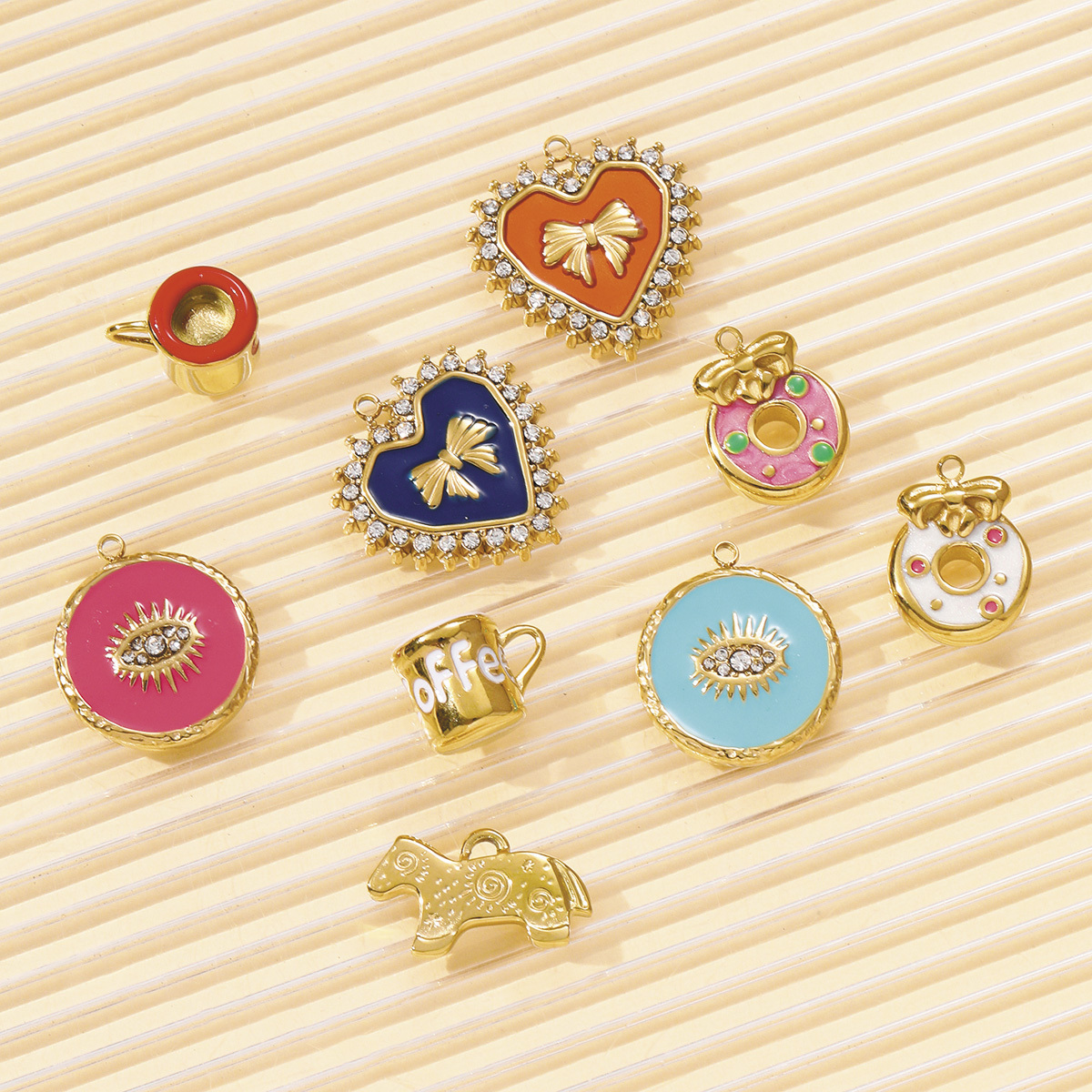 6pcs/pack Cute Stainless Steel Coffe Cup Doughnut Necklace Pendants Enamel Dog Bow Knot DIY Charms Women Love Heart Jewelry