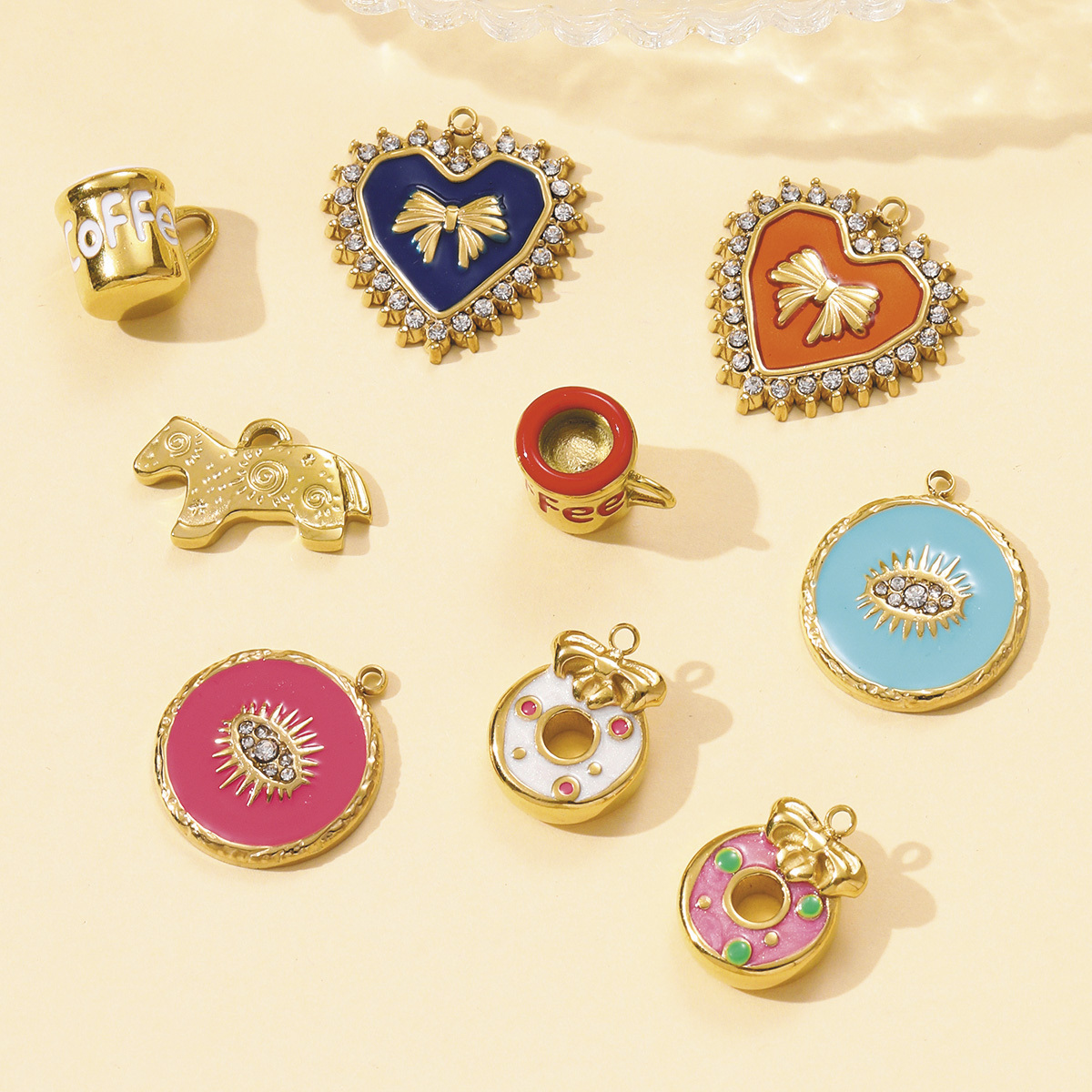 6pcs/pack Cute Stainless Steel Coffe Cup Doughnut Necklace Pendants Enamel Dog Bow Knot DIY Charms Women Love Heart Jewelry