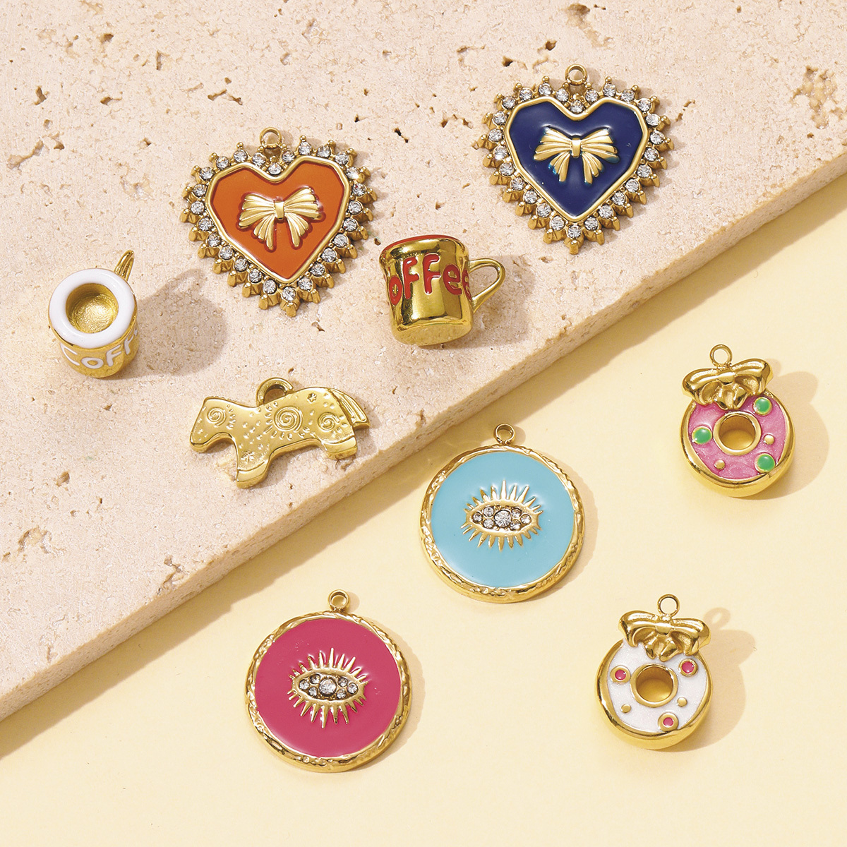 6pcs/pack Cute Stainless Steel Coffe Cup Doughnut Necklace Pendants Enamel Dog Bow Knot DIY Charms Women Love Heart Jewelry