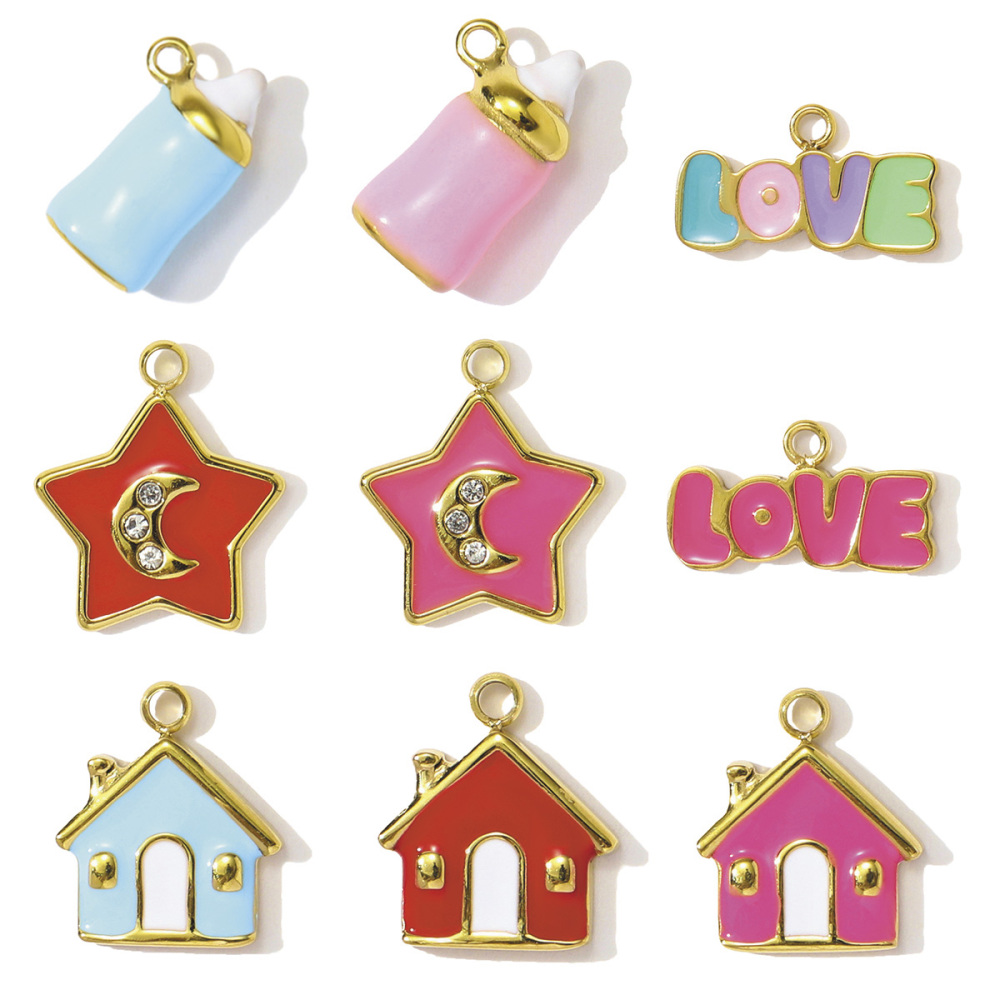 6pcs/pack Dopamine Stainless Steel Baby Bottle House Necklace Pendants Enamel Star Moon DIY Bracelet Charms Women Love Jewelry