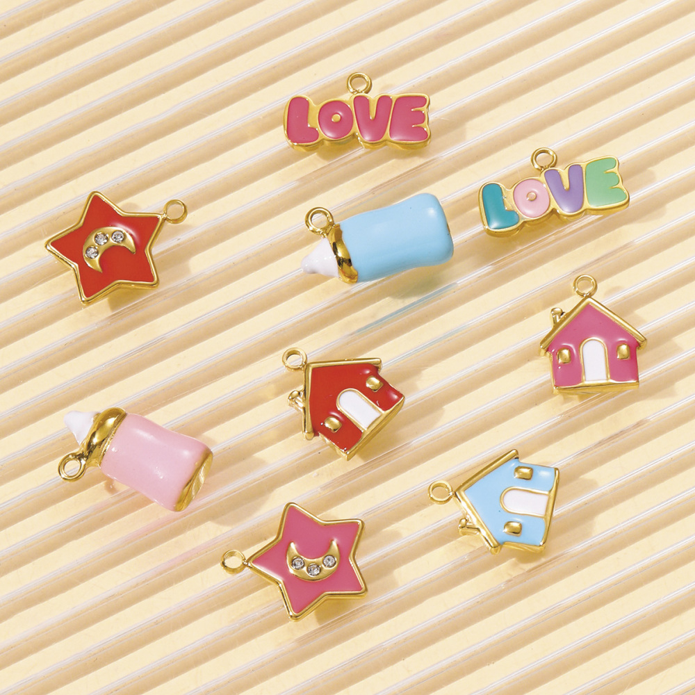 6pcs/pack Dopamine Stainless Steel Baby Bottle House Necklace Pendants Enamel Star Moon DIY Bracelet Charms Women Love Jewelry