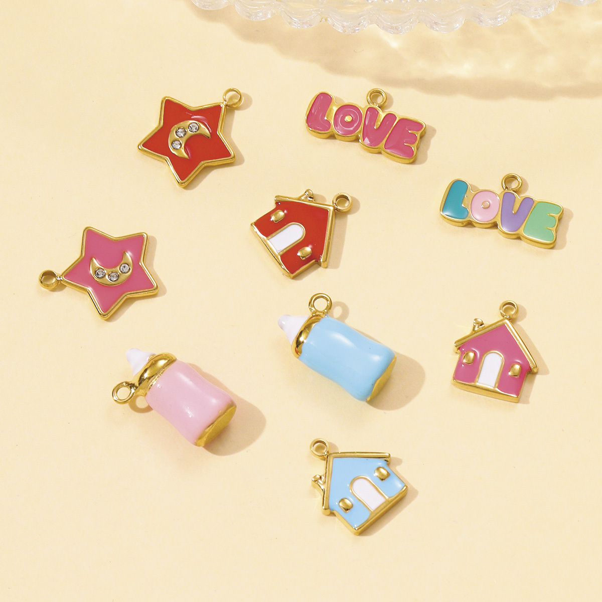 6pcs/pack Dopamine Stainless Steel Baby Bottle House Necklace Pendants Enamel Star Moon DIY Bracelet Charms Women Love Jewelry