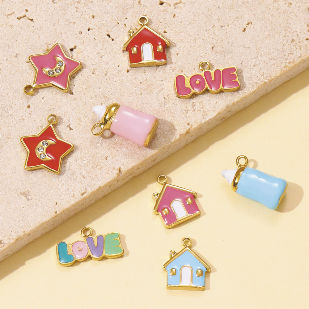 6pcs/pack Dopamine Stainless Steel Baby Bottle House Necklace Pendants Enamel Star Moon DIY Bracelet Charms Women Love Jewelry