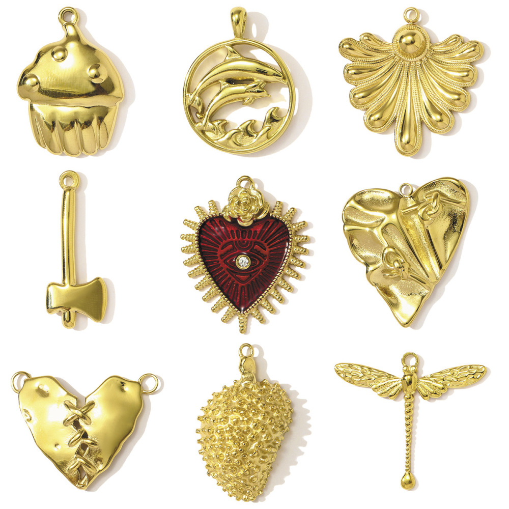 6pcs/pack French Retro Stainless Steel Love Heart Leaf Necklace Pendants Durian Axe DIY Earring Charms Women Dragonfly Jewelry