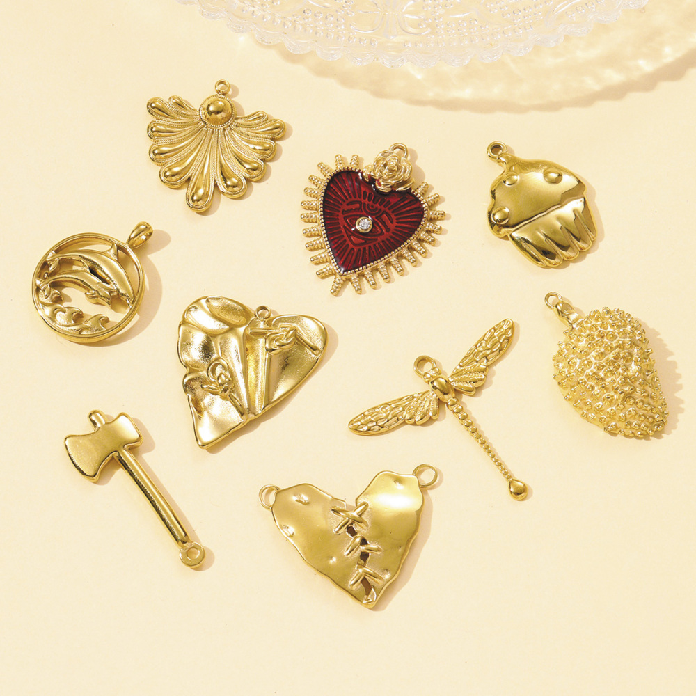 6pcs/pack French Retro Stainless Steel Love Heart Leaf Necklace Pendants Durian Axe DIY Earring Charms Women Dragonfly Jewelry