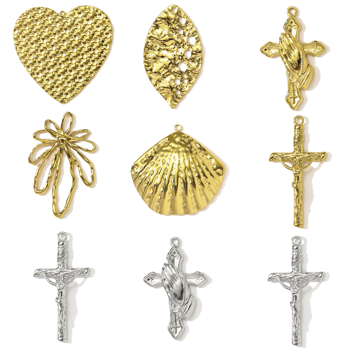 6pcs/pack Wholesale Stainless Steel Jesus Cross Hand Necklace Pendants Flower Shell DIY Earring Charms Women Love Heart Jewelry