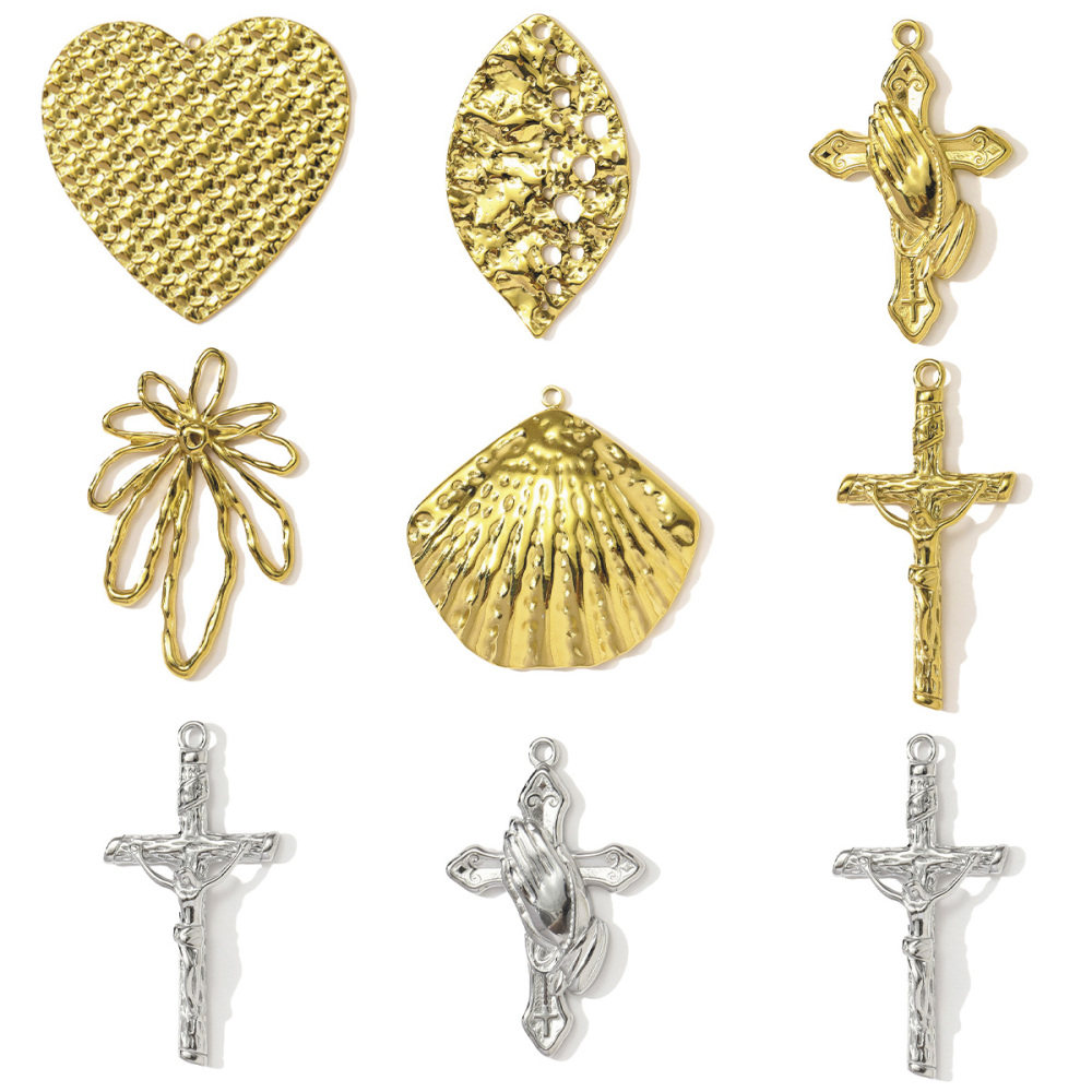 6pcs/pack Wholesale Stainless Steel Jesus Cross Hand Necklace Pendants Flower Shell DIY Earring Charms Women Love Heart Jewelry
