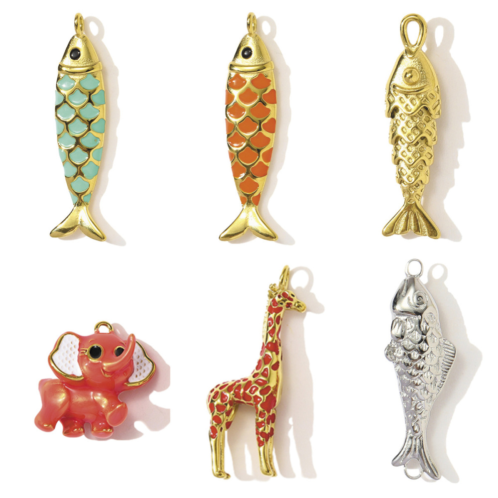 6pcs/pack 3D Stainless Steel Enamel Elephant Giraffe Necklace Pendants Enamel Lucky Fish DIY Earring Charms Woman Animal Jewelry
