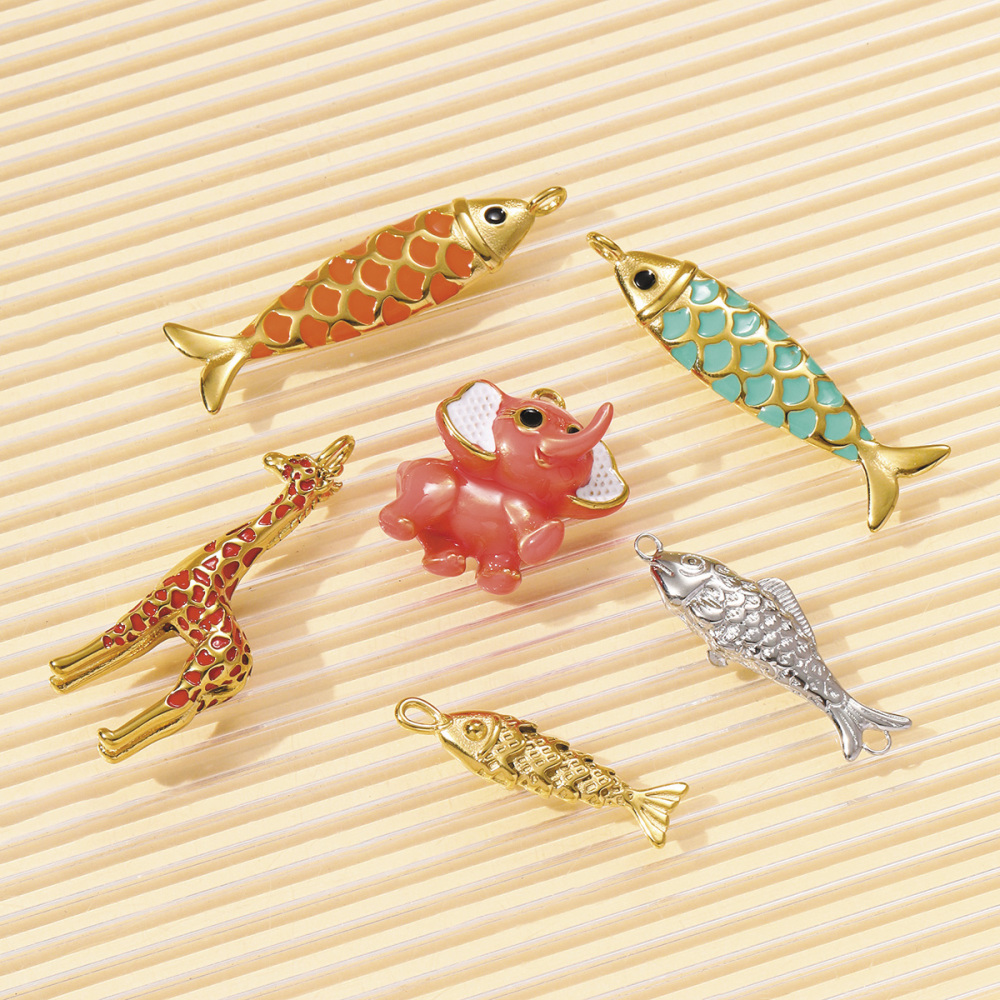 6pcs/pack 3D Stainless Steel Enamel Elephant Giraffe Necklace Pendants Enamel Lucky Fish DIY Earring Charms Woman Animal Jewelry