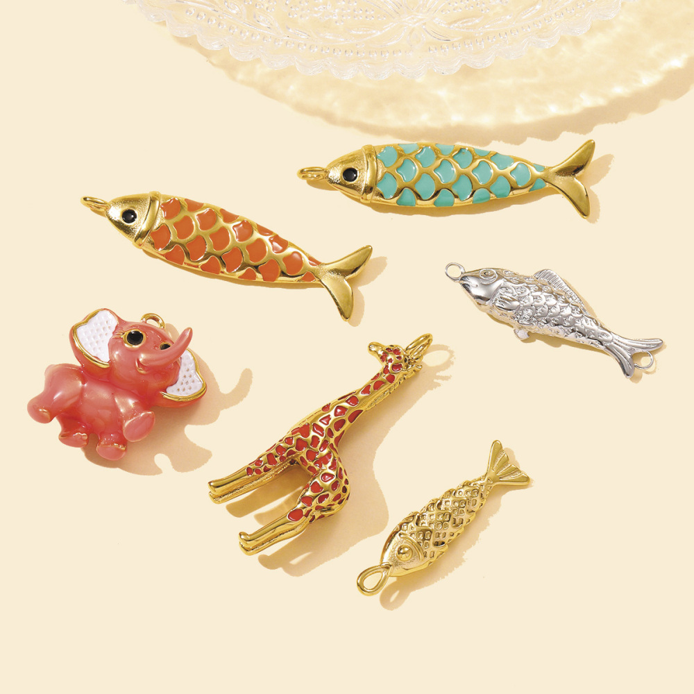 6pcs/pack 3D Stainless Steel Enamel Elephant Giraffe Necklace Pendants Enamel Lucky Fish DIY Earring Charms Woman Animal Jewelry