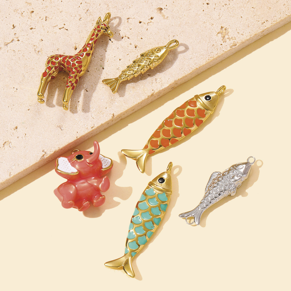 6pcs/pack 3D Stainless Steel Enamel Elephant Giraffe Necklace Pendants Enamel Lucky Fish DIY Earring Charms Woman Animal Jewelry