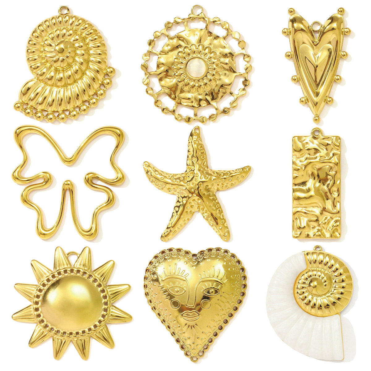 6pcs/pack Wholesale Stainless Steel Big Sun Conch Necklace Pendants Butterfly Starfish DIY Earring Charms Women Flower Heart Jewelry