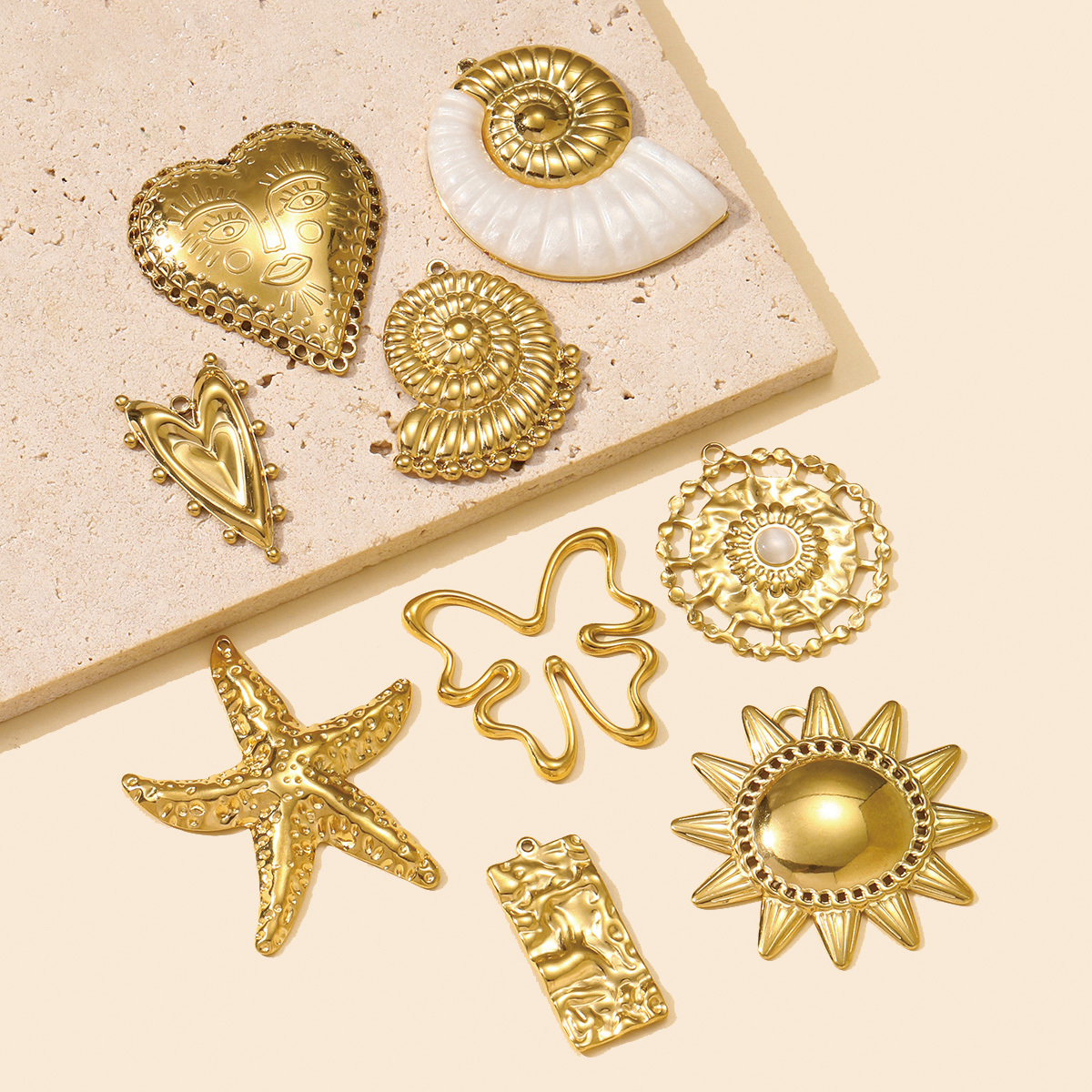 6pcs/pack Wholesale Stainless Steel Big Sun Conch Necklace Pendants Butterfly Starfish DIY Earring Charms Women Flower Heart Jewelry