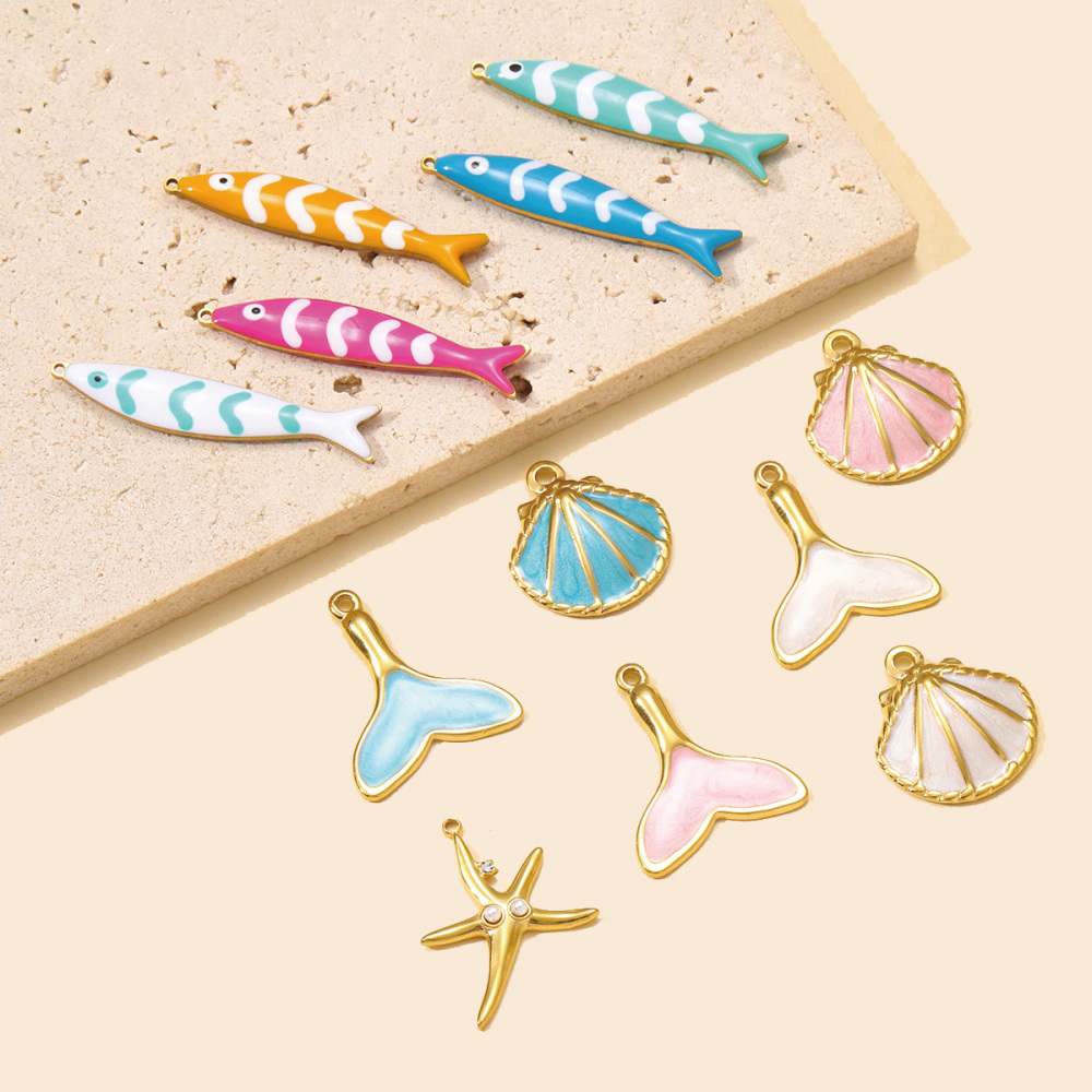 6pcs/pack Fashion Stainless Steel Enamel Shell DIY Charms Mermaid Tail Necklace Pendants Women Sea Fish Jewelry Wholesale