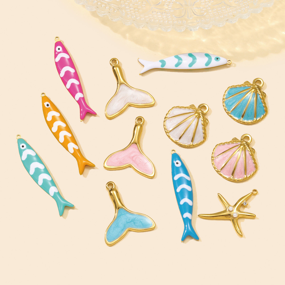6pcs/pack Fashion Stainless Steel Enamel Shell DIY Charms Mermaid Tail Necklace Pendants Women Sea Fish Jewelry Wholesale