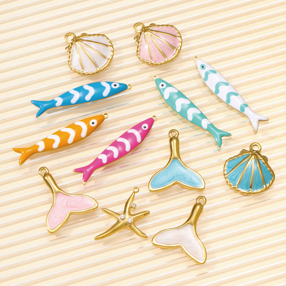 6pcs/pack Fashion Stainless Steel Enamel Shell DIY Charms Mermaid Tail Necklace Pendants Women Sea Fish Jewelry Wholesale