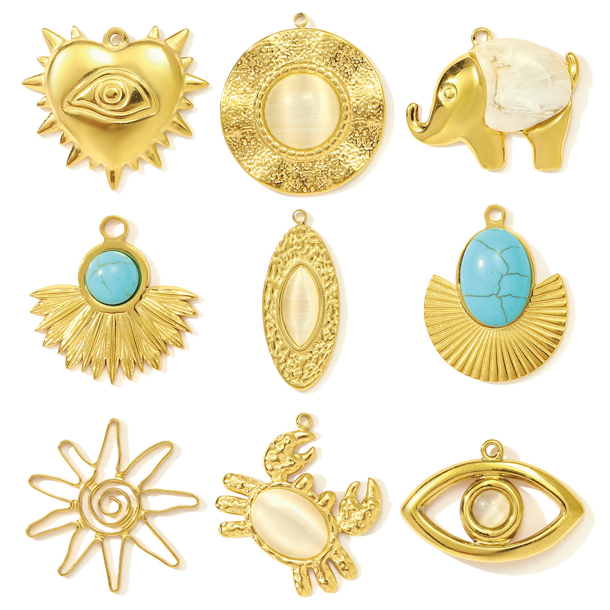 6pcs/pack Fashion Stainless Steel Natural Stone Geometric DIY Charms Evil Eye Elephant Necklace Pendants Women Crab Heart Jewelry