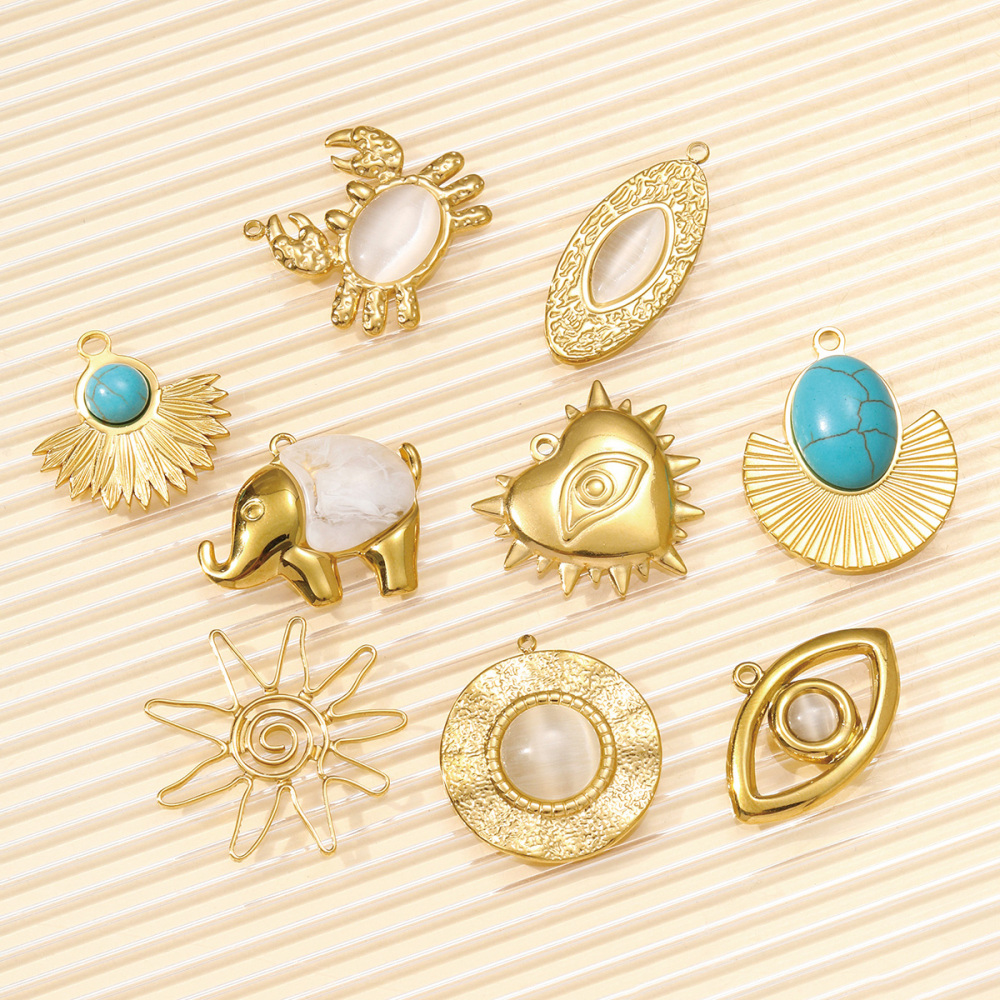 6pcs/pack Fashion Stainless Steel Natural Stone Geometric DIY Charms Evil Eye Elephant Necklace Pendants Women Crab Heart Jewelry