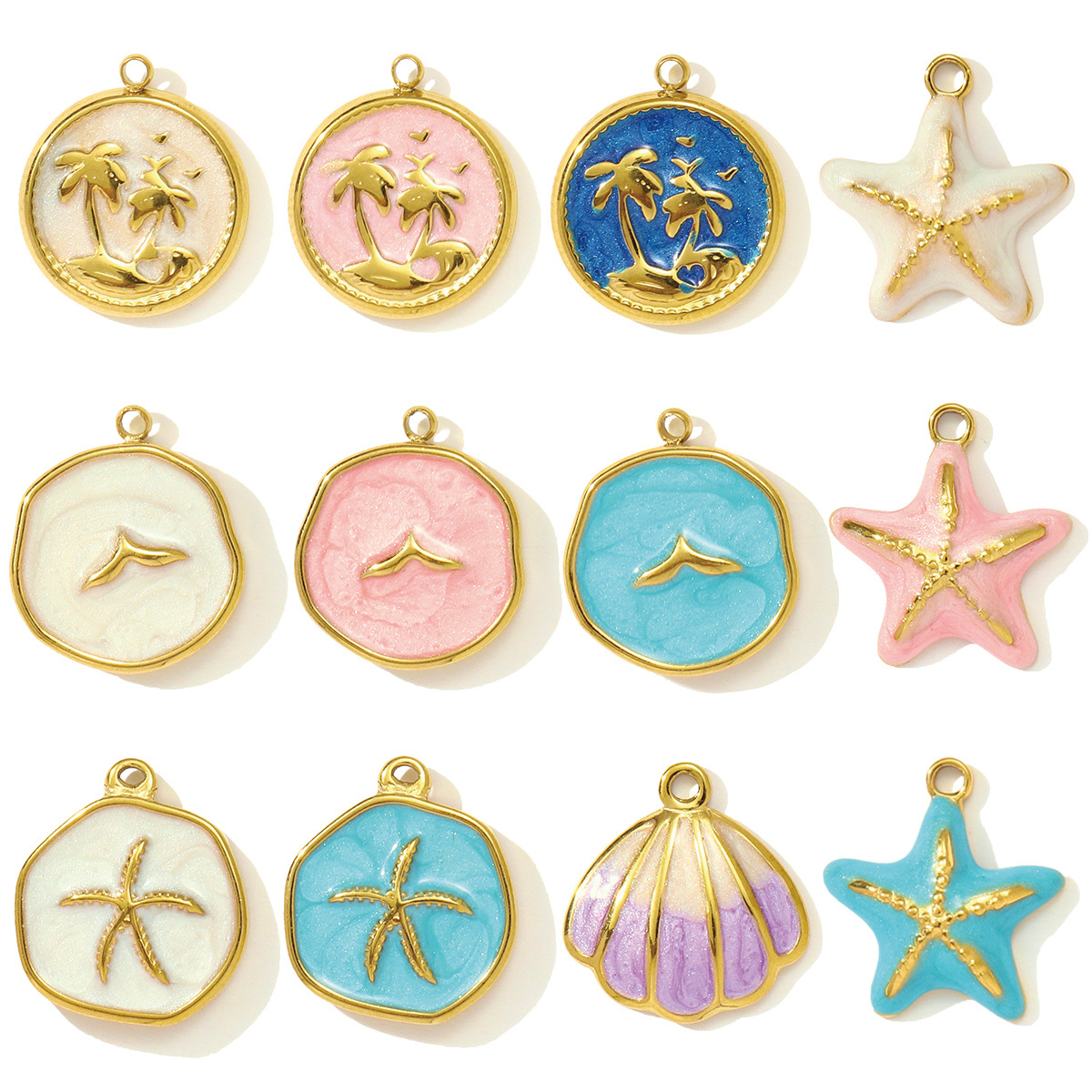 6pcs/pack Stainless Steel Enamel Starfish Round DIY Charms Plam Tree Fishtail Necklace Pendants Woman Summer Holiday Jewelry