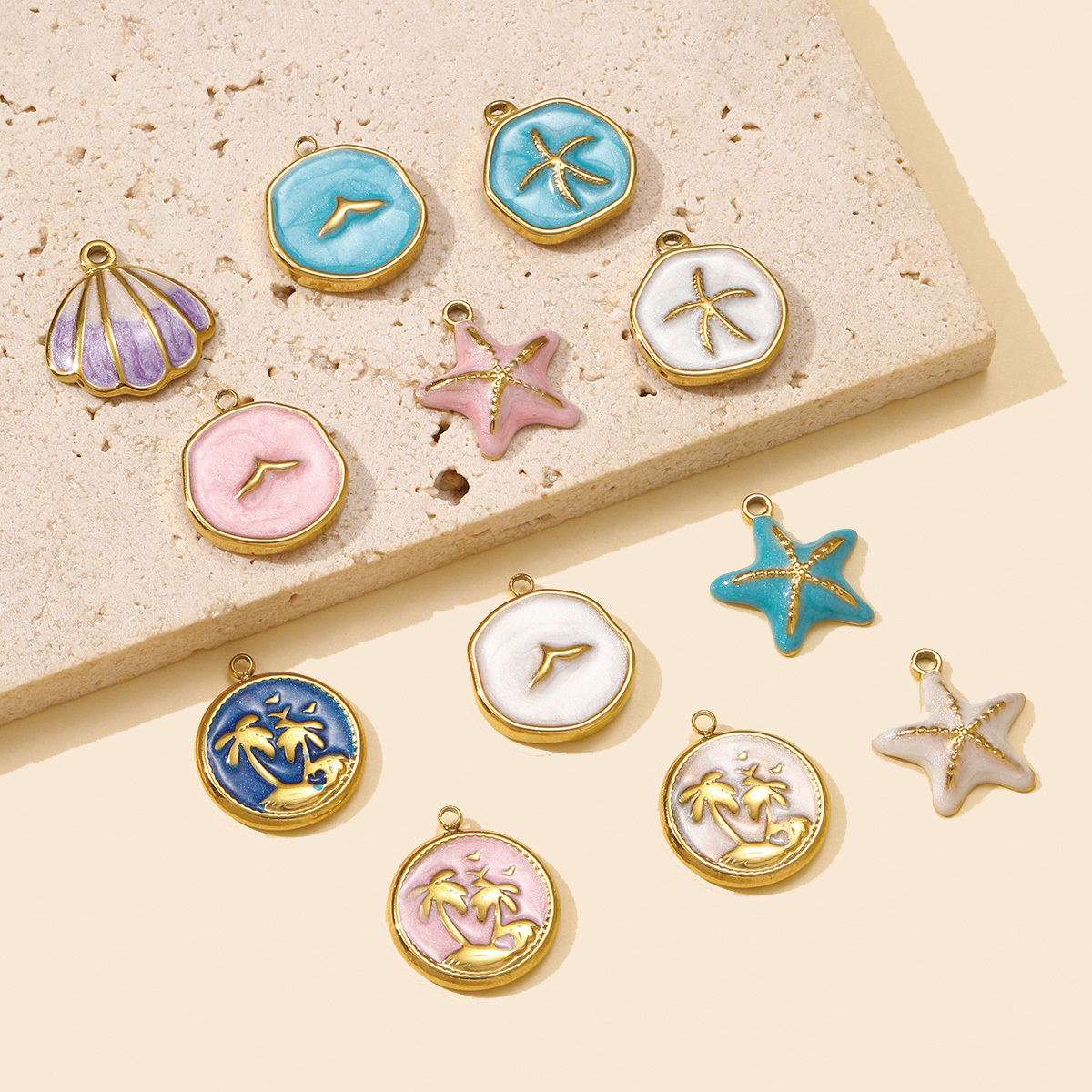 6pcs/pack Stainless Steel Enamel Starfish Round DIY Charms Plam Tree Fishtail Necklace Pendants Woman Summer Holiday Jewelry