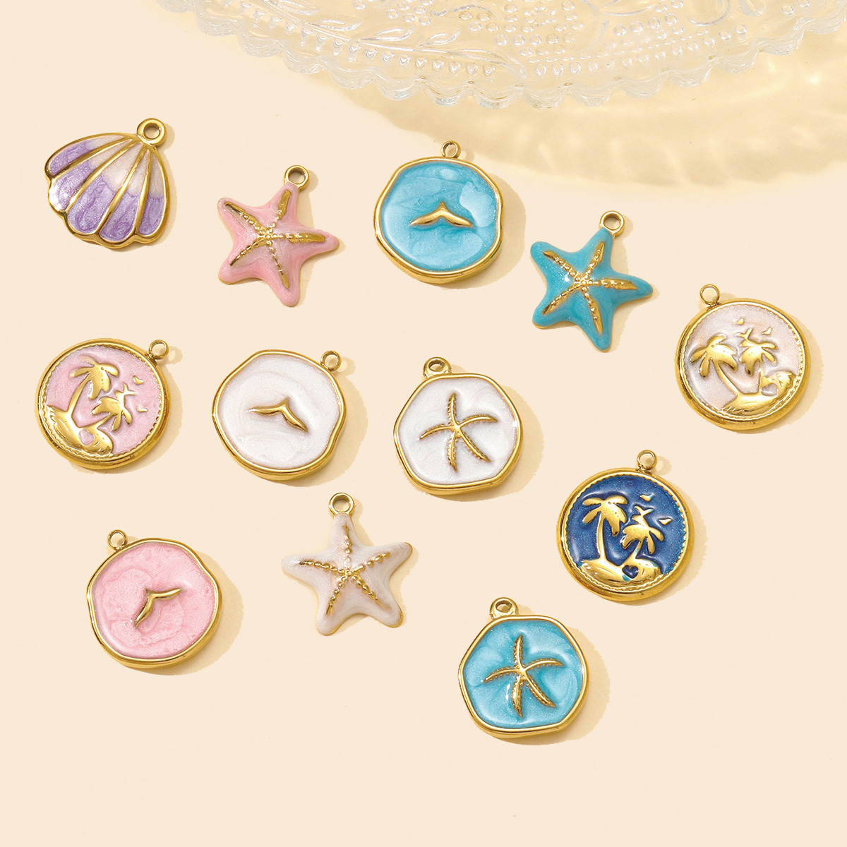 6pcs/pack Stainless Steel Enamel Starfish Round DIY Charms Plam Tree Fishtail Necklace Pendants Woman Summer Holiday Jewelry