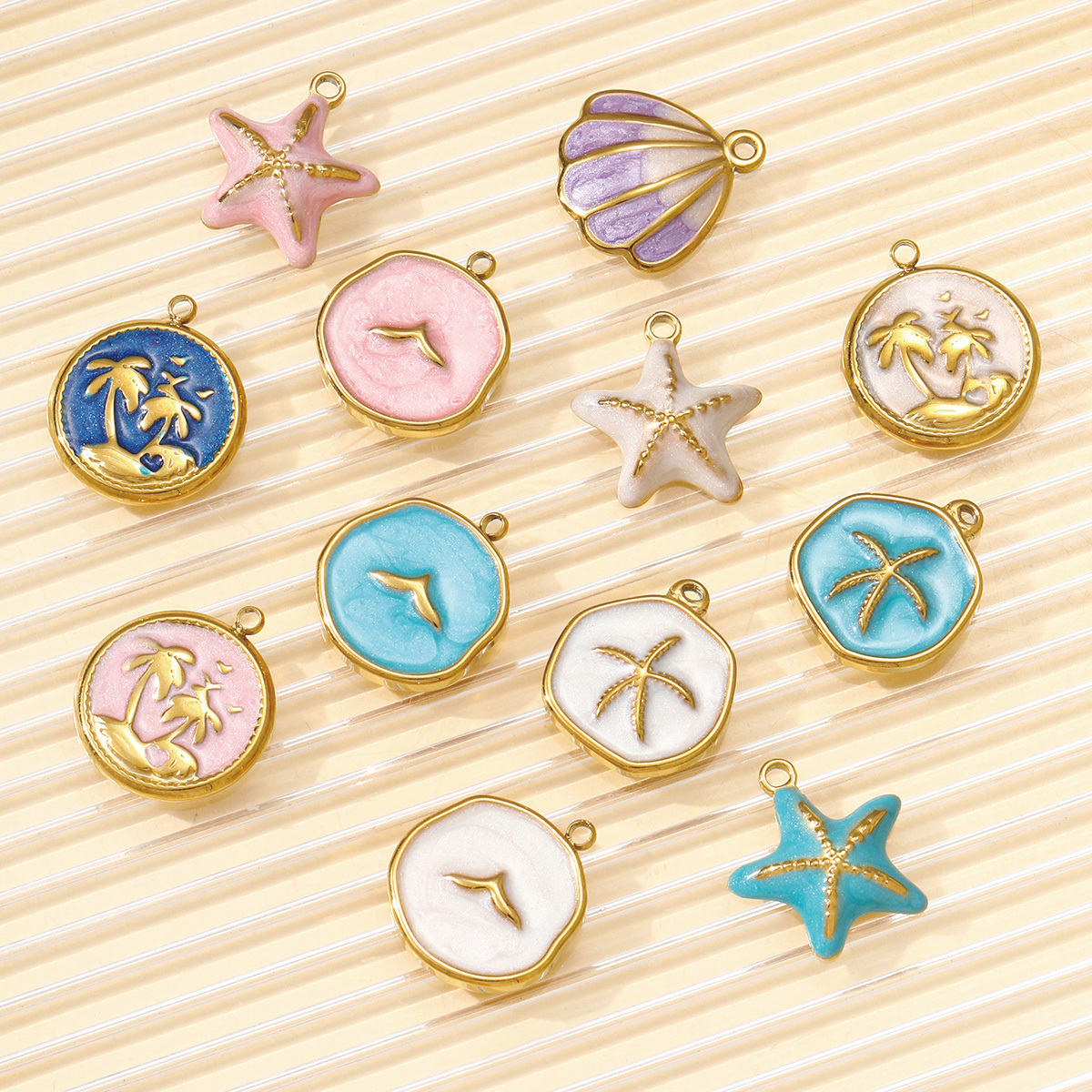 6pcs/pack Stainless Steel Enamel Starfish Round DIY Charms Plam Tree Fishtail Necklace Pendants Woman Summer Holiday Jewelry
