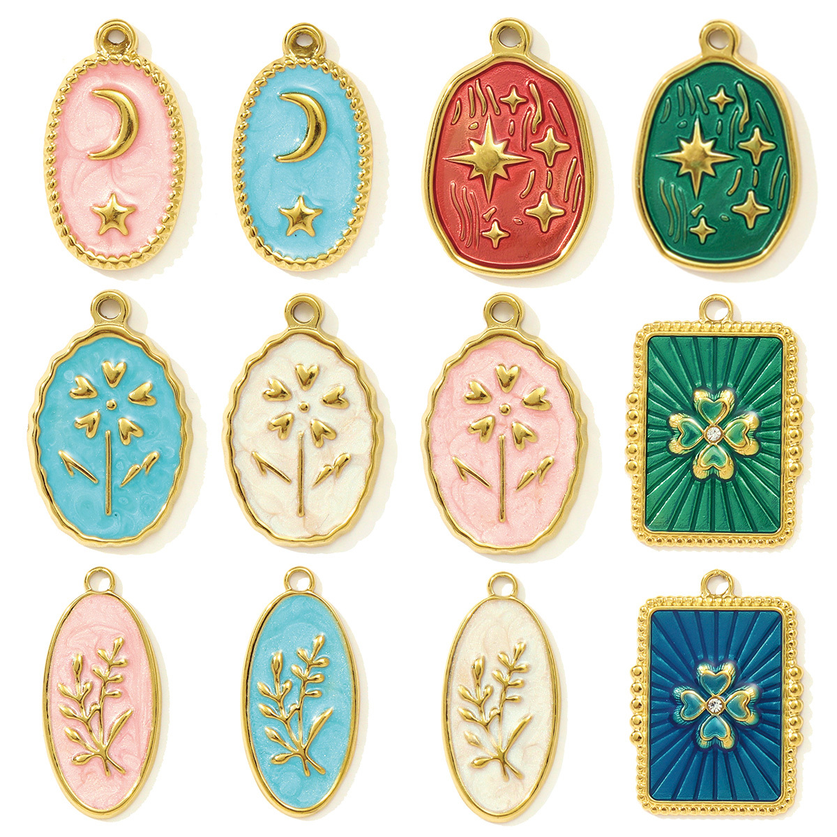 6pcs/pack  Wholesale Enamel Star Crescent Stainless Steel DIY Earring Charms Leaf Clover Necklace Pendants Woman Flower Jewelry