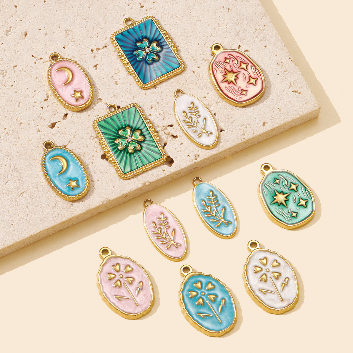 6pcs/pack  Wholesale Enamel Star Crescent Stainless Steel DIY Earring Charms Leaf Clover Necklace Pendants Woman Flower Jewelry