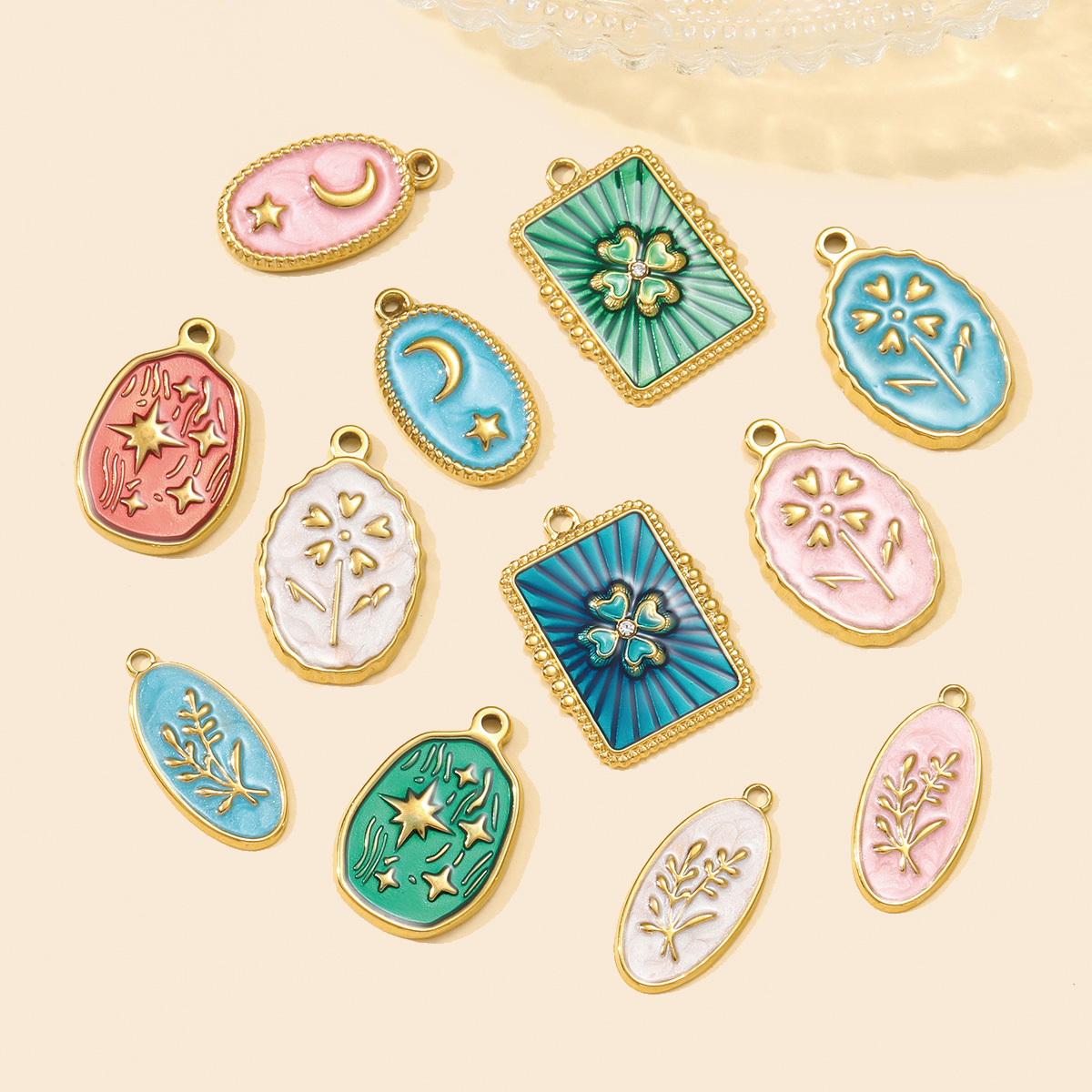 6pcs/pack  Wholesale Enamel Star Crescent Stainless Steel DIY Earring Charms Leaf Clover Necklace Pendants Woman Flower Jewelry