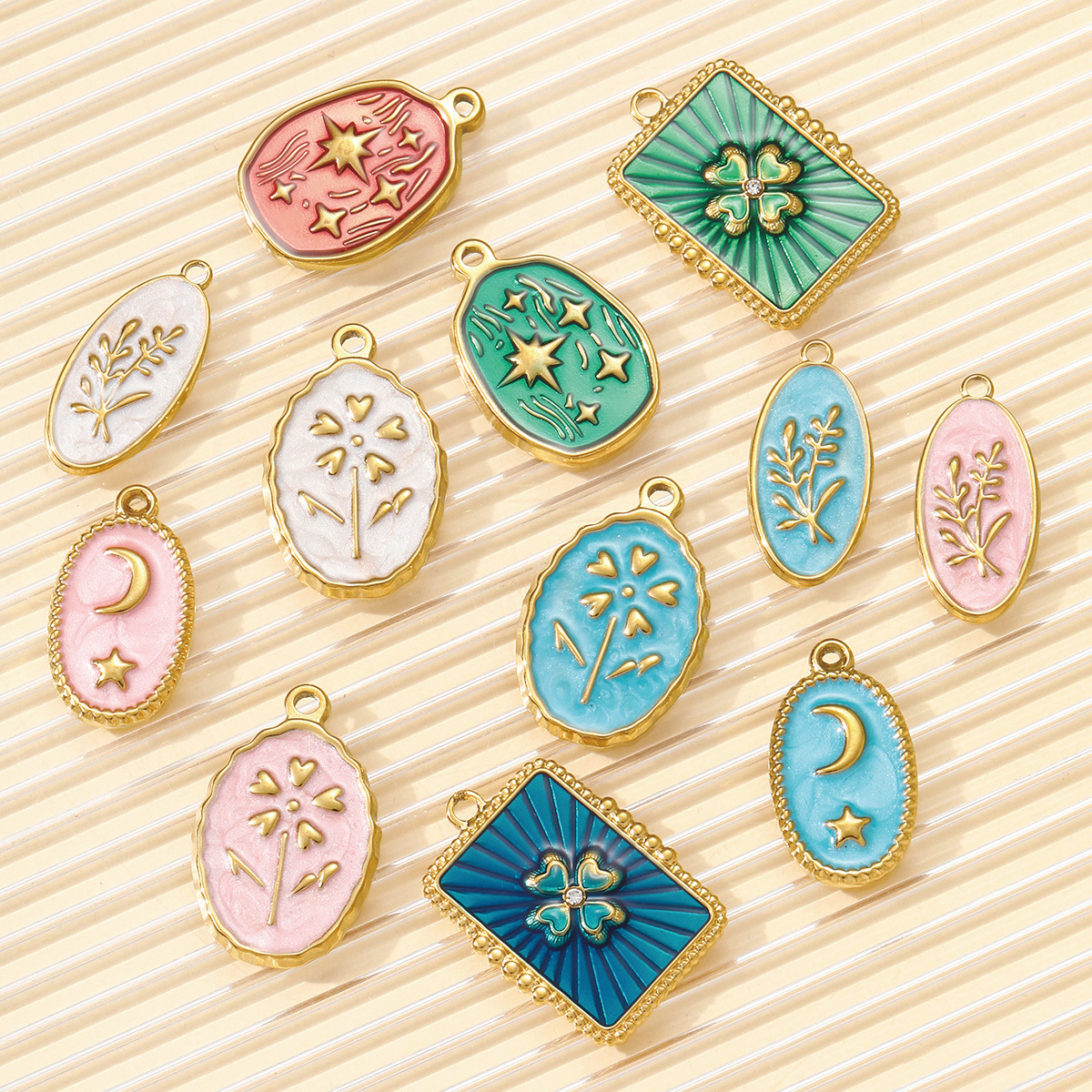 6pcs/pack  Wholesale Enamel Star Crescent Stainless Steel DIY Earring Charms Leaf Clover Necklace Pendants Woman Flower Jewelry