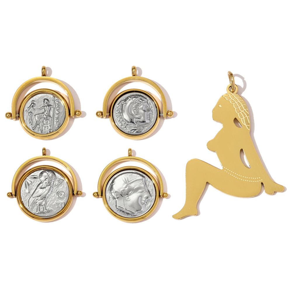 6pcs/pack Stainless Steel Reversible Roman coins Necklace Pendant Skateboard DIY Charm Women The Beauty Lady Jewelry Wholesale