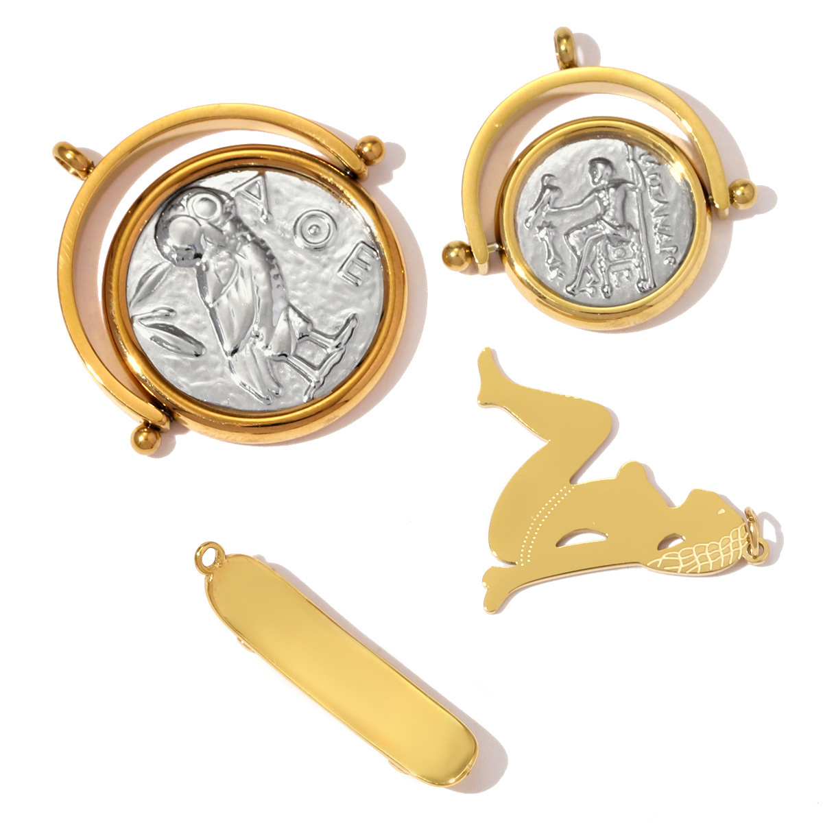 6pcs/pack Stainless Steel Reversible Roman coins Necklace Pendant Skateboard DIY Charm Women The Beauty Lady Jewelry Wholesale