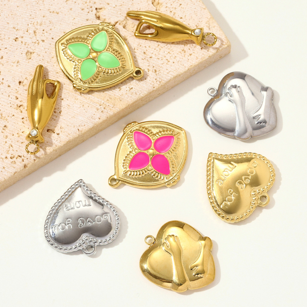 6pcs/pack Stainless Steel OK Gesture Hug Heart Necklace Pendant Love You More DIY Earring Charm Women Clover Jewelry Wholesale