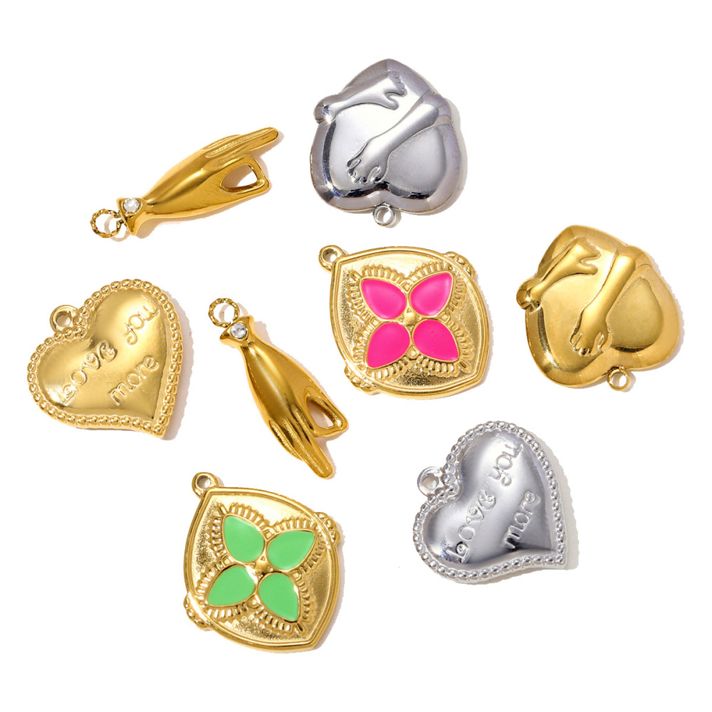 6pcs/pack Stainless Steel OK Gesture Hug Heart Necklace Pendant Love You More DIY Earring Charm Women Clover Jewelry Wholesale