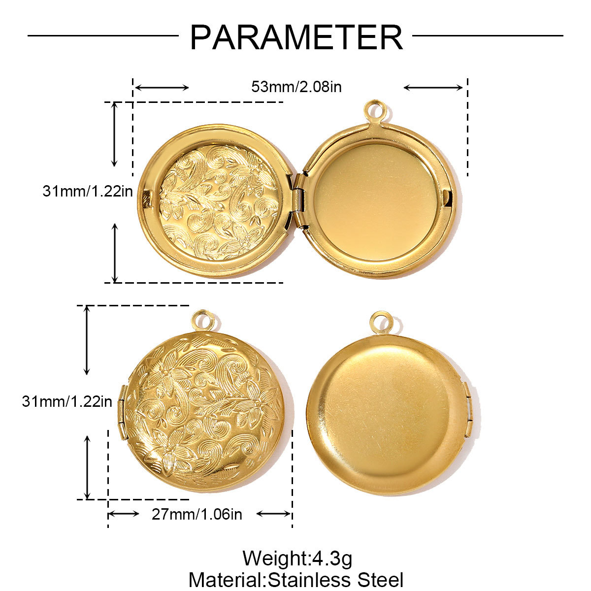 6pcs/pack French Stainless Steel Heart Locket Necklace Pendant Openable Picture Box DIY Charm Women Round Jewelry Wholesale