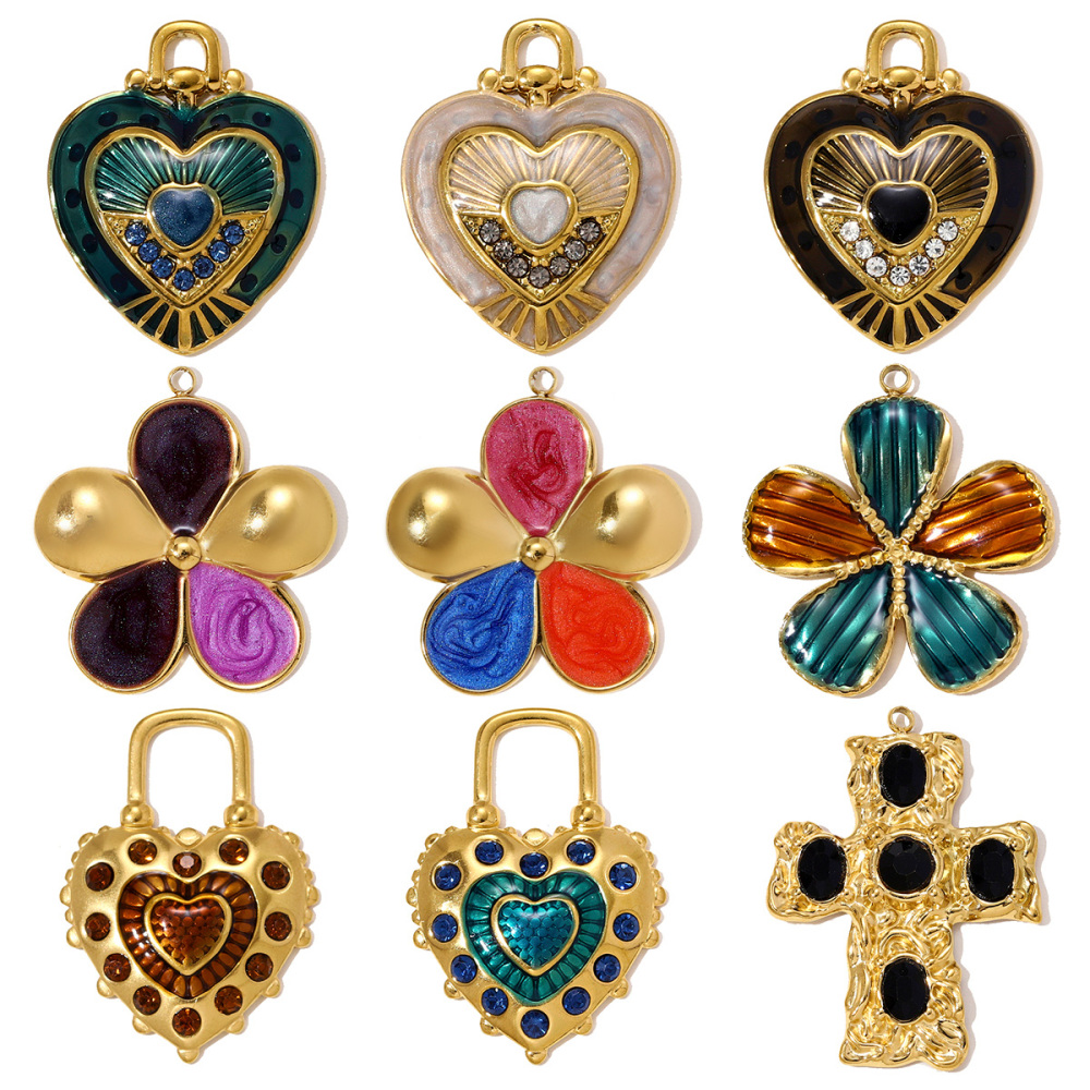 6pcs/pack Stainless Steel Rhinestone Heart Lock Necklace Pendant Big Enamel Flower DIY Earring Charm Women Cross Jewelry Wholesale