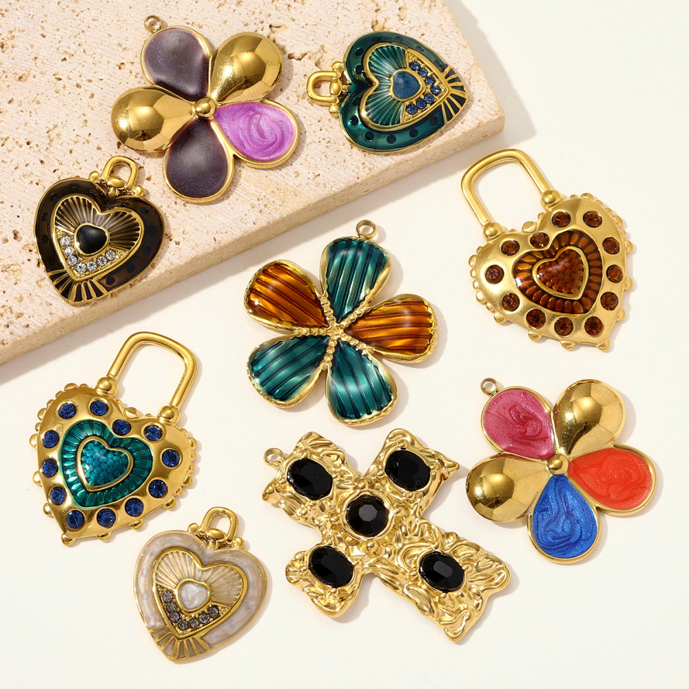 6pcs/pack Stainless Steel Rhinestone Heart Lock Necklace Pendant Big Enamel Flower DIY Earring Charm Women Cross Jewelry Wholesale