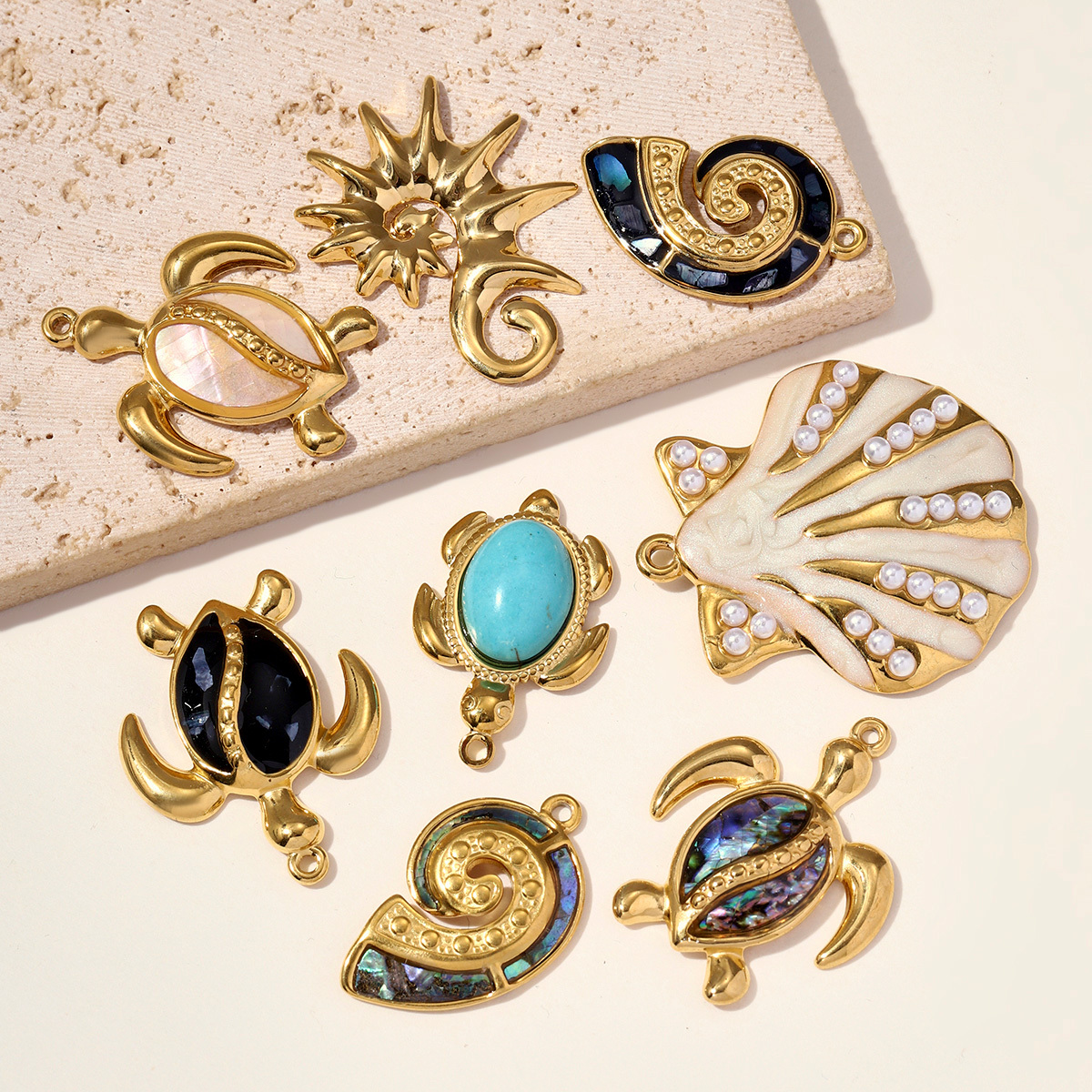 6pcs/pack Stainless Steel Enamel Abalone Shell Sea Turtle DIY Charm Women Spiral Seashell Necklace Pendant Ocean Theme Jewelry