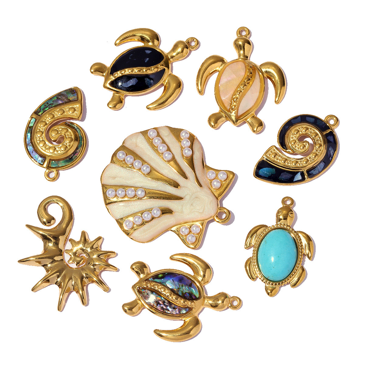 6pcs/pack Stainless Steel Enamel Abalone Shell Sea Turtle DIY Charm Women Spiral Seashell Necklace Pendant Ocean Theme Jewelry